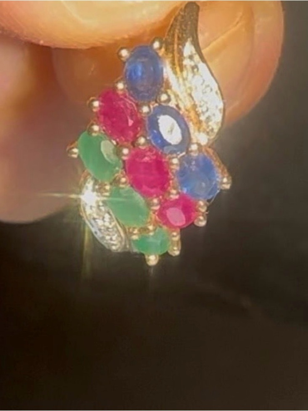 Yellow Gold Genuine Sapphire Emerald Ruby and Diamond Half Hoop Earrings Cluster